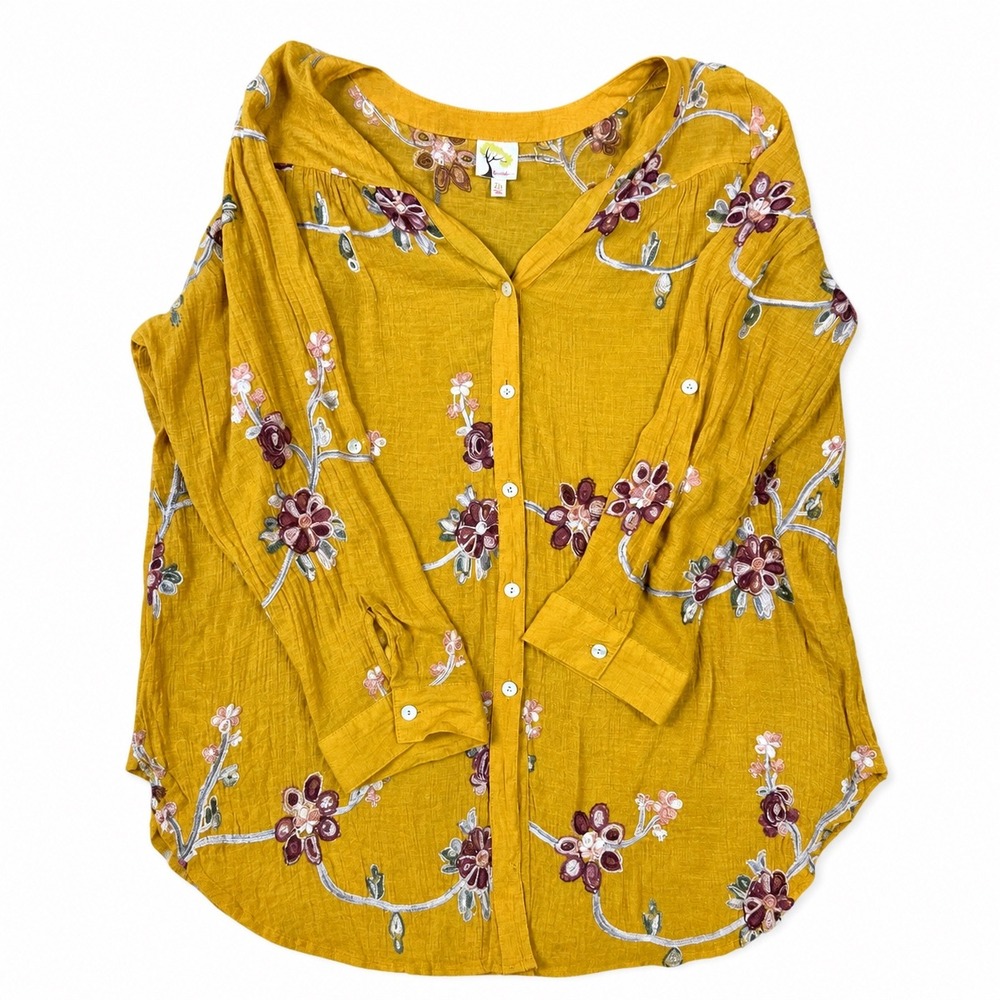 Fig & Flower 2X Mustard Yellow Embroidered Boho Blouse Floral Tunic Top Plus - Picture 4 of 7